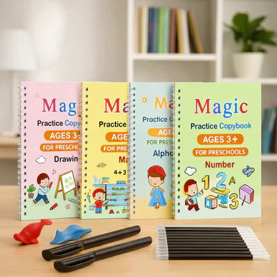 Magic Practice Copybook, (4 BOOK + 10 REFILL+ 1 Pen +1 Grip) Number Tracing Book for Preschoolers with Pen, Magic Calligraphy Copybook Set